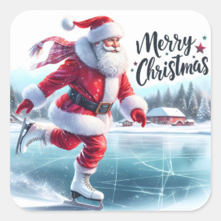 Kerstman houdt van schaatsen op een besneeuwde vij vierkante sticker