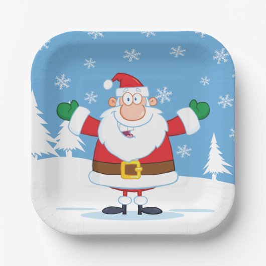 Kerstman in besneeuwd winters landschap papieren bordje (Voorkant)