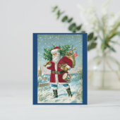 Kerstman in de sneeuw met trommel en boom feestdagenkaart (Staand voorkant)