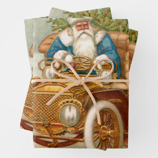  kerstman in Gold Car en kerstangels Inpakpapier Vel (In situ)