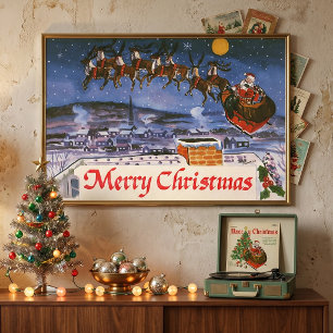 Kerstman in kerstslede vliegend in de vintage kers poster