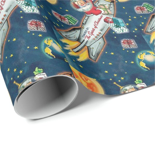 Kerstman in Raketschip Aarde Maan Sterren Cadeaupapier (Rol Hoek)