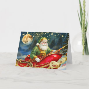 Kerstman in slee met gouden maan en sterren feestdagen kaart