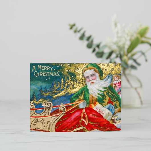  kerstman in Sleigh Merry Gold Folie Feestdagen Briefkaart (Staand Voorkant)