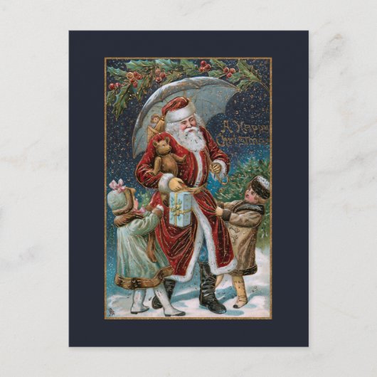Kerstman in Sneeuw met Kinderen & Paraplu Briefkaart (Voorkant)
