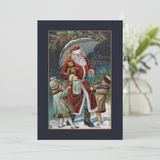 Kerstman in Sneeuw met Kinderen & Paraplu Feestdagenkaart (Staand voorkant)