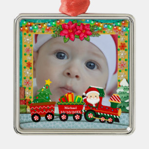 Kerstman in trein met cadeaus en kerstboom metalen ornament