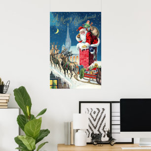 Kerstman in victoriaanse stijl op schoorsteen poster