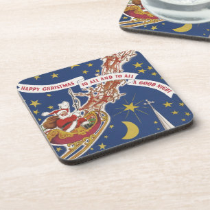 Kerstman in vintage stijl met vliegende rendieren bier onderzetter
