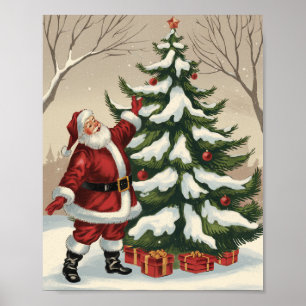Kerstman in vintage stijl versiert kerstboom poster
