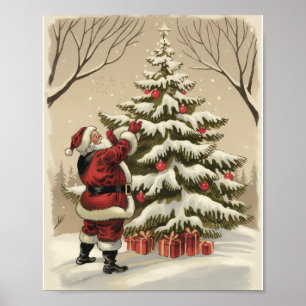 Kerstman in vintage stijl versiert kerstboom poster