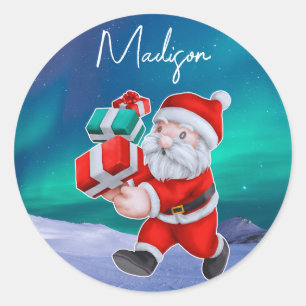 Kerstman is onderweg naar het noorderlicht kerst ronde sticker