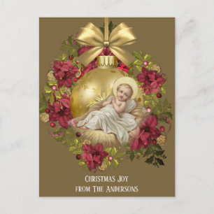 Kerstman Jezus in Manger Floral Ornament Briefkaart