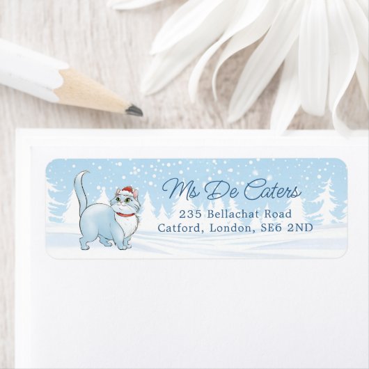 Kerstman Kat in Winter Wonderland Kerstmis Etiket (Insitu)