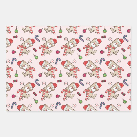 Kerstman Kat Kerstroze Patroon Inpakpapier Vel (Voorkant 2)