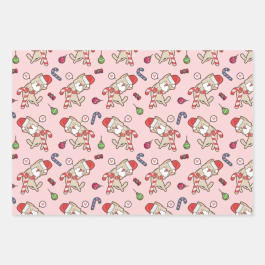 Kerstman Kat Kerstroze Patroon Inpakpapier Vel (Voorkant)