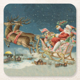 Kerstman Kerst Antique slee rendier Vierkante Kartonnen Onderzetter