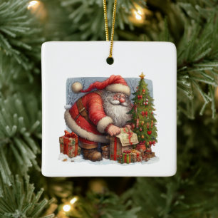 Kerstman, kerstboom en cadeaus Gepersonaliseerd Keramisch Ornament