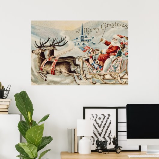 Kerstman Kerstmisslee Rendier Poster (Thuiskantoor)