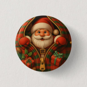 Kerstman kerstontwerp in geruite stof ronde button 3,2 cm