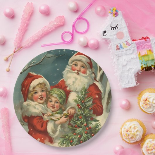  kerstman, kinderen en kerstboom papieren bordje (Feest)