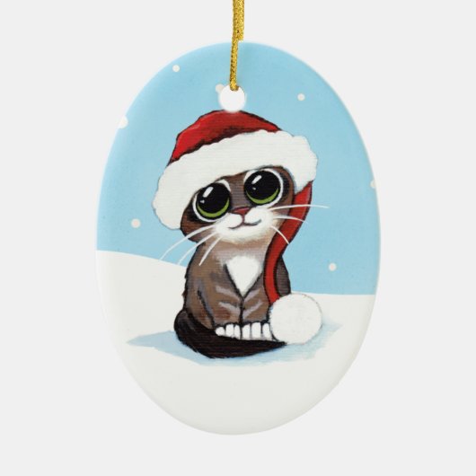 Kerstman Kitten in een Santa Hat Keramisch Ornament (Voorkant)