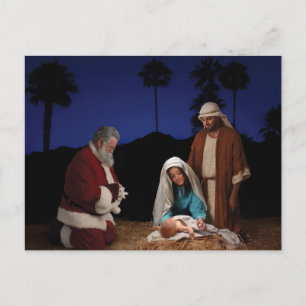 Kerstman knielt bij geboorte feestdagenkaart