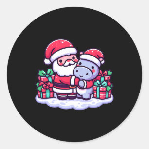 Kerstman knuffelen nijlpaard in Santa Hat Ronde Sticker