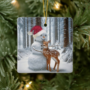 Kerstman knuffelt een fawn keramisch ornament