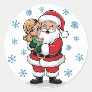 Kerstman knuffelt een meisje met sneeuwvlokken ronde sticker