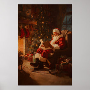 Kerstman leest bij het haardvuur print, vintage poster