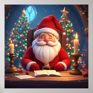 Kerstman leest een boek bij kaarslicht poster