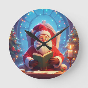 Kerstman leest een boek bij kaarslicht ronde klok