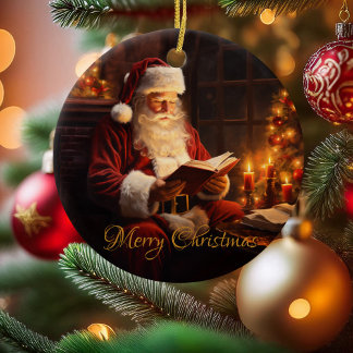 Kerstman leest een boek Keramisch Ornament