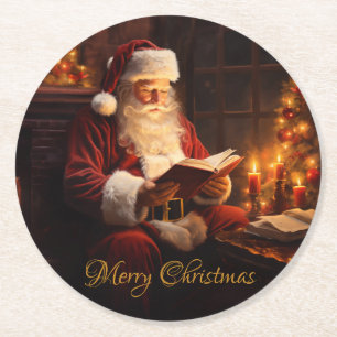 Kerstman leest een boek Ronde Kartonnen Onderzetter