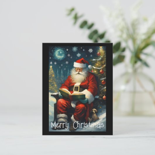 Kerstman lezen boek kerstboom briefkaart (Staand voorkant)