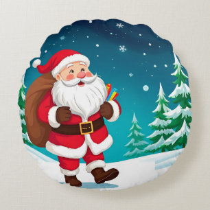 Kerstman loopt vrolijk in een besneeuwde winter rond kussen