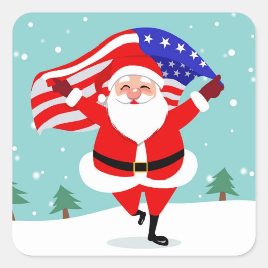 Kerstman met Amerikaanse vlag Vierkante Sticker (Voorkant)