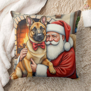 Kerstman met Belgische Mechelse Herder Kerst Kunst Kussen