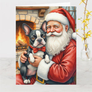 Kerstman met Boston Terrier Kerst Kunst Kaart