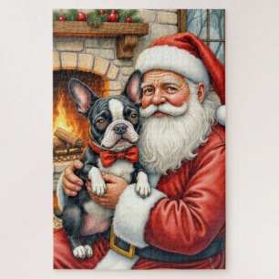 Kerstman met Boston Terrier Kerst Kunst Legpuzzel