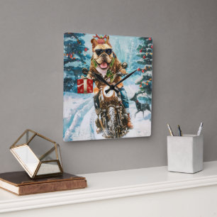 Kerstman met Bulldog op Motorfiets Vierkante Klok