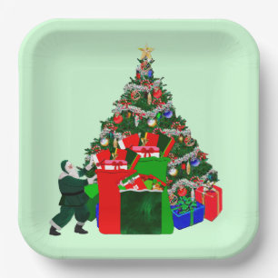 Kerstman met Cadeaus bij Tree Paper Borden Papieren Bordje
