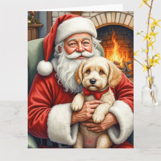 Kerstman met Cockapoo Kerstkunst Kaart (Gele Bloem)