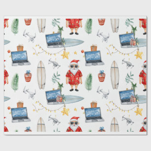Kerstman met computer en surfplank op kerst cadeaupapier