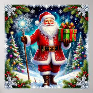 Kerstman met een cadeau in een idyllisch winters l poster