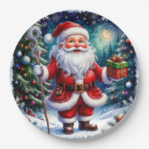 Kerstman met een cadeau in een magische kerst papieren bordje