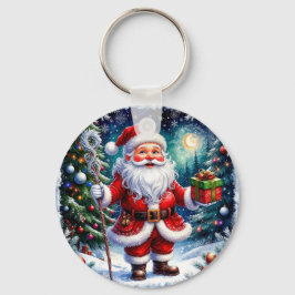 Kerstman met een geschenk in een magische kerst sleutelhanger