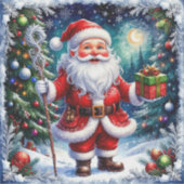 Kerstman met een geschenk in een magische kerst sticker (Voorkant)