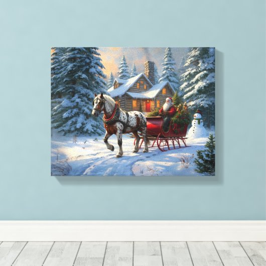 Kerstman met één paard Sleigh Canvas Afdruk (Insitu (Houten vloer))